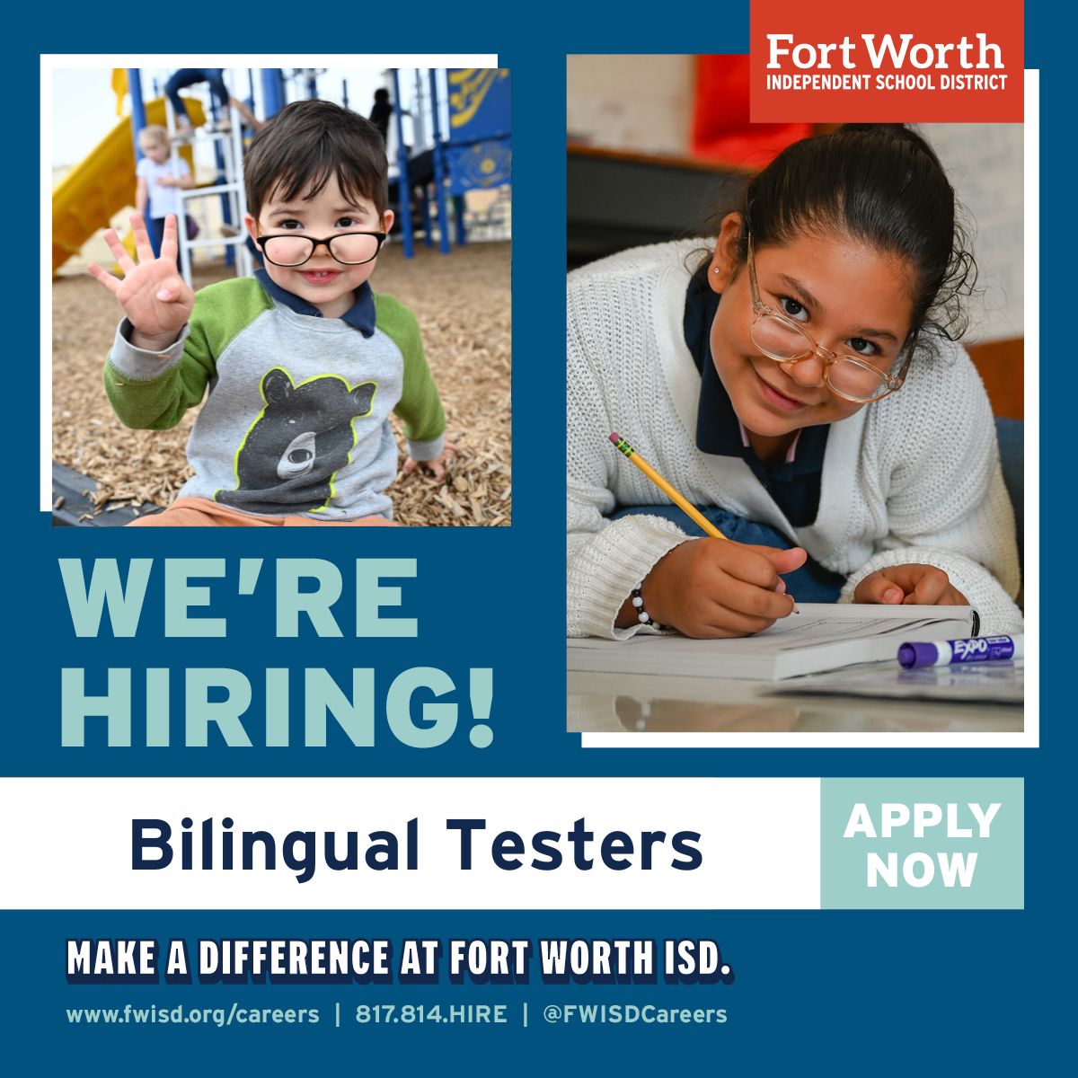 FWISD is hiring part-time bilingual testers. For more information, visit our fwisd.org/careers page. Join our team today! ✨