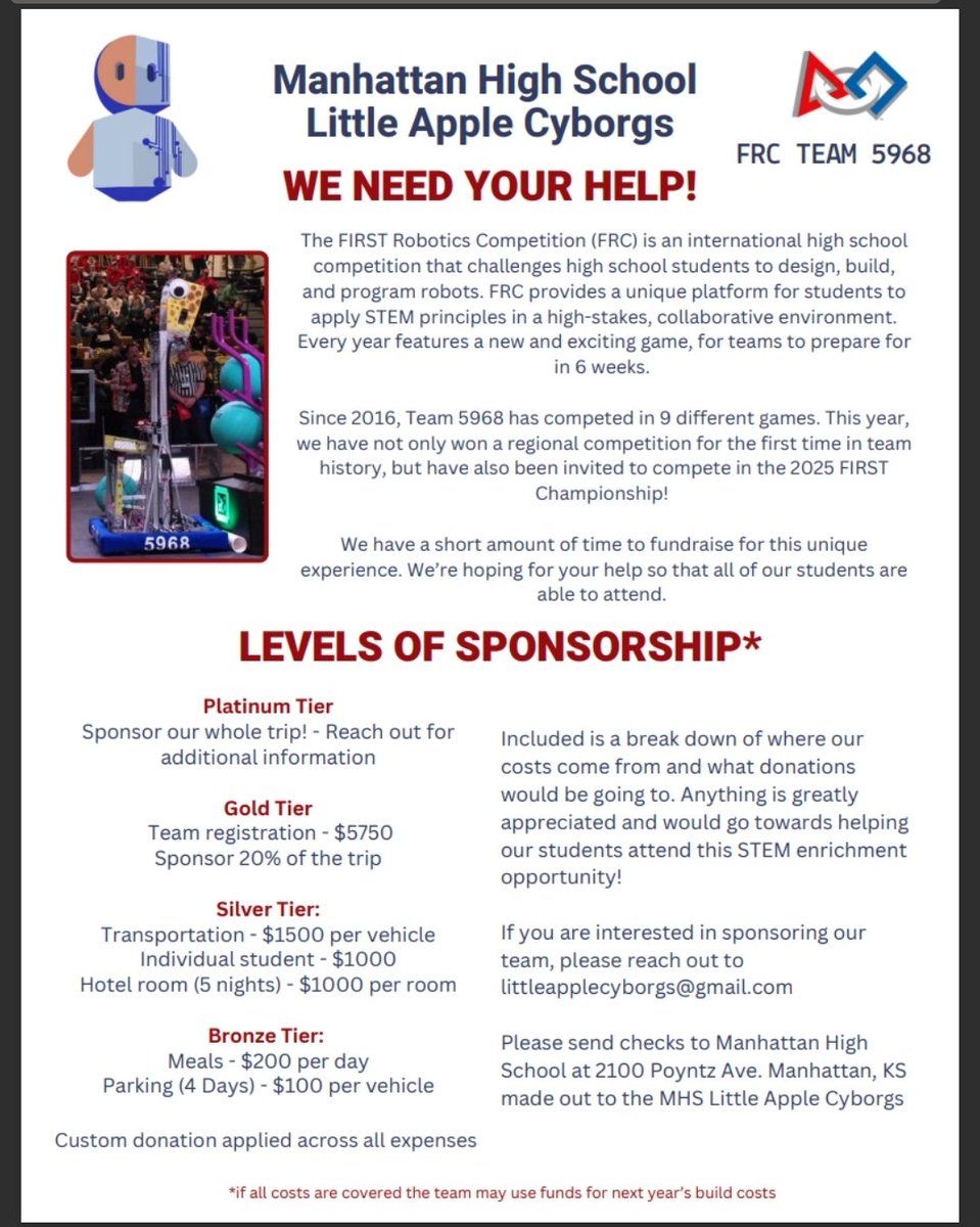 Chris Herald (@c_stem) on Twitter photo MHS robotic team needs help!
<a href="/cityofmhk/">City of Manhattan</a> <a href="/MHKChamber/">Manhattan Area Chamber of Commerce - Manhattan, KS</a> <a href="/KSU_Foundation/">KSU Foundation</a> <a href="/KScienceFest/">ScienceKS</a> <a href="/KSUPhysics/">K-State Physics</a> <a href="/pitscoed/">Pitsco Education</a> @KAgricultura <a href="/KansasEPSCoR/">Kansas NSF EPSCoR</a> <a href="/DowntownMHK/">Downtown Manhattan</a> <a href="/RileyExtension/">Riley Co. Extension</a> <a href="/usd383/">USD 383</a> MHS robotic team needs help!
<a href="/cityofmhk/">City of Manhattan</a> <a href="/MHKChamber/">Manhattan Area Chamber of Commerce - Manhattan, KS</a> <a href="/KSU_Foundation/">KSU Foundation</a> <a href="/KScienceFest/">ScienceKS</a> <a href="/KSUPhysics/">K-State Physics</a> <a href="/pitscoed/">Pitsco Education</a> @KAgricultura <a href="/KansasEPSCoR/">Kansas NSF EPSCoR</a> <a href="/DowntownMHK/">Downtown Manhattan</a> <a href="/RileyExtension/">Riley Co. Extension</a> <a href="/usd383/">USD 383</a>