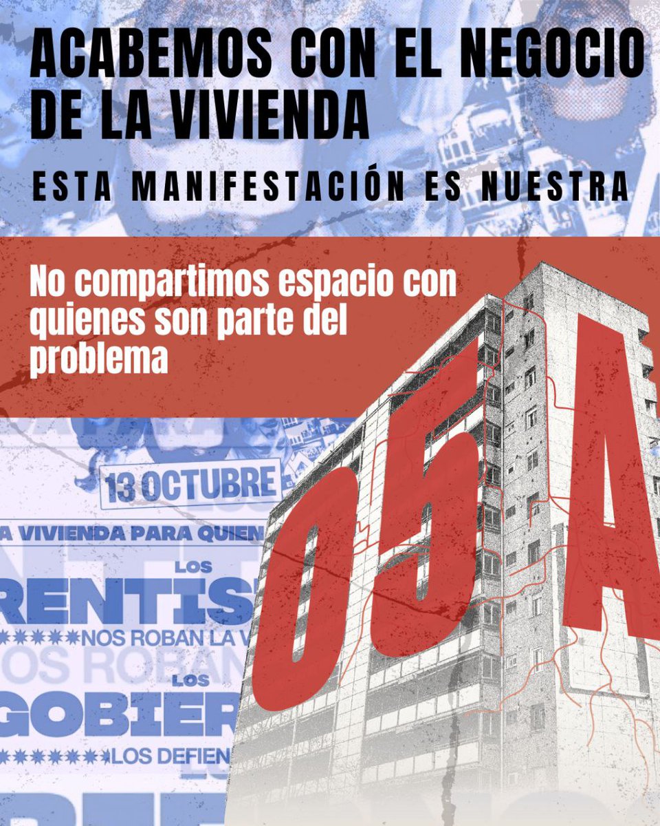 Esta manifestación también es contra vosotros. Pero eso ya lo sabéis.

Intentáis sacar rédito a la lucha por la vivienda, cuando tanto partidos progresistas, como CCOO o Ugt os dedicáis de forma profesional a vender, reprimir, desahuciar y criminalizar a nuestra clase.