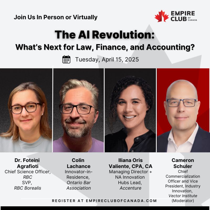 RBCBorealis's tweet image. 💡 Want to learn about the #AIrevolution? Attend &quot;The AI Revolution: What’s Next for Law, #Finance, and Accounting?&quot; Presented by the Empire Club of Canada, this event will bring together a panel of experts to discuss the challenges, strategies, risks, and opportunities of…