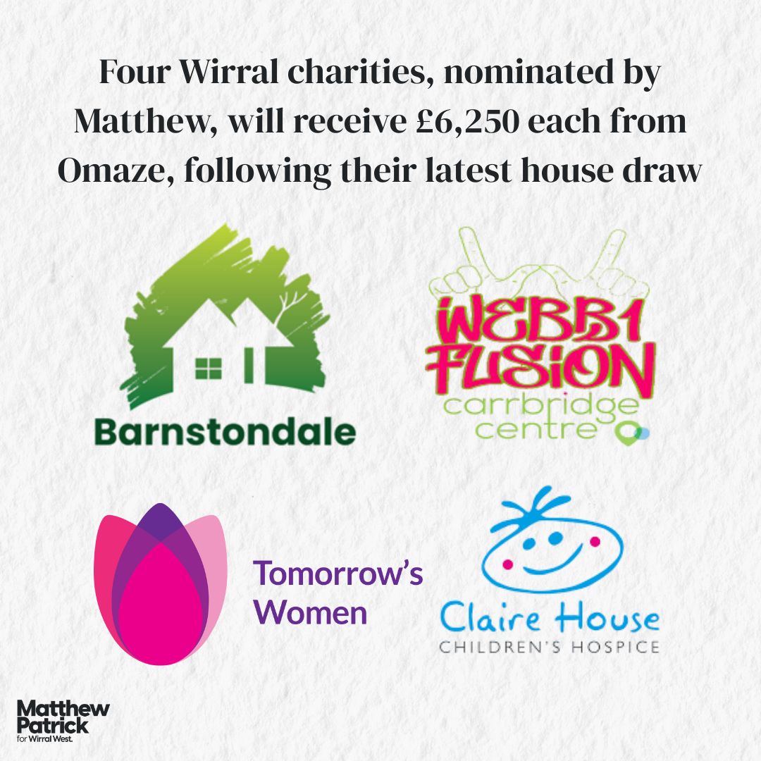 I'm delighted that <a href="/OmazeUK/">Omaze UK</a> will be giving back to local charities following their recent house draw in Wirral West. 

I nominated four incredible organisations who serve our community to receive a share of £25,000. 

Read more in Birkenhead News: birkenhead.news/four-wirral-ch…