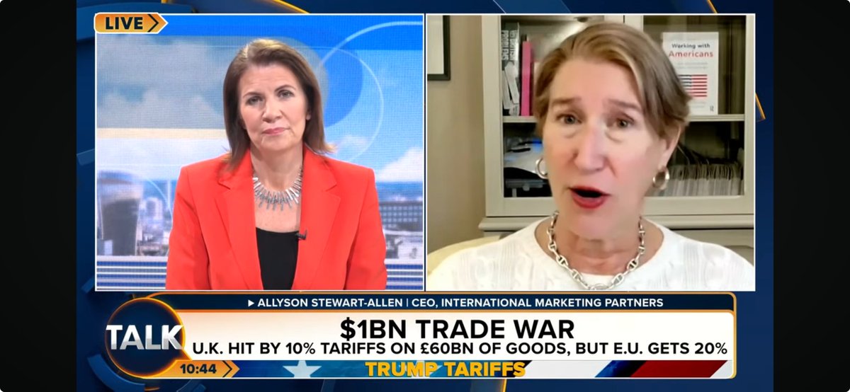 Nico Macdonald (@nico_macdonald) on Twitter photo Allyson Stewart-Allen <a href="/JuliaHB1/">Julia Hartley-Brewer</a> #TalkTV on how to succeed with the #TrumpTariffs:
‘What makes you successful in the US is having a product or service which is fundamentally different from what is already there… I am one of the biggest fans of the manufacturing output from the Allyson Stewart-Allen <a href="/JuliaHB1/">Julia Hartley-Brewer</a> #TalkTV on how to succeed with the #TrumpTariffs:
‘What makes you successful in the US is having a product or service which is fundamentally different from what is already there… I am one of the biggest fans of the manufacturing output from the