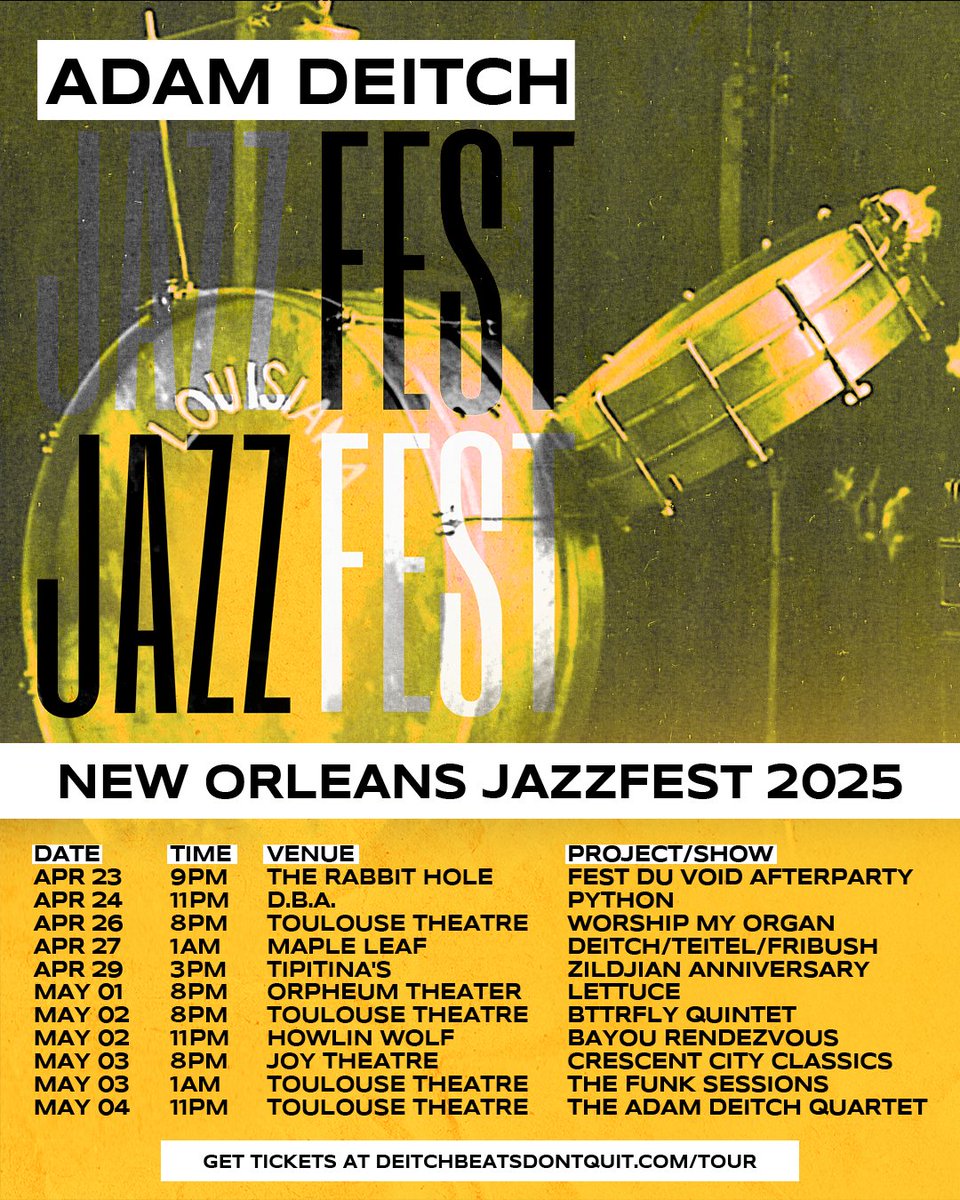 Jazzfest is ALWAYS a vibe! So many great shows w/ musicians/friends that I’ve known for so many yrs &amp; some with cats I just kinda met! Music is abt connection so I hope to see yall jazzfesters dancing up a storm at these shows I’m playin in Nola this year!
deitchbeatsdontquit.com/tour