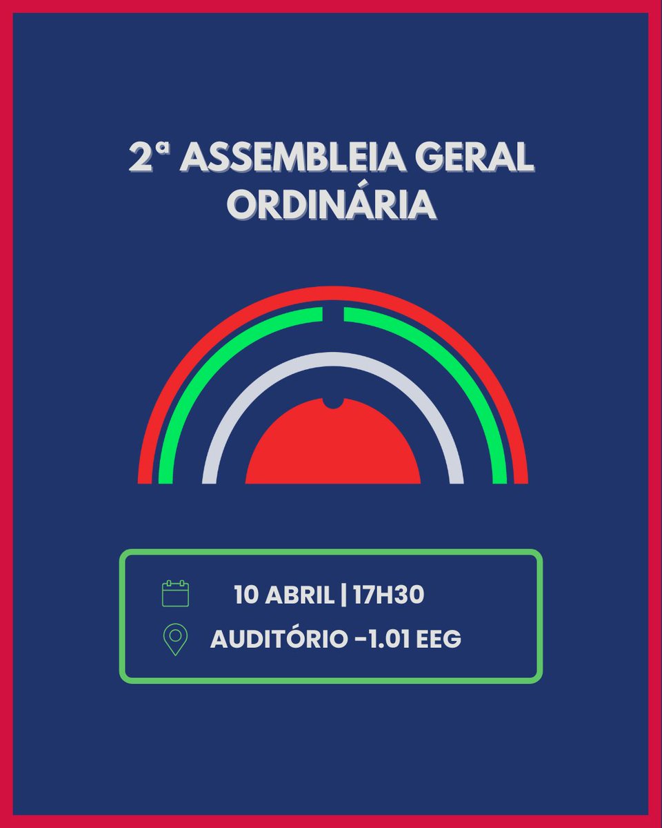 📢 Convocatória: 2.ª Assembleia Geral Ordinária 📢

📅 Data: 10 de abril
🕠 Hora: 17h30
📍 Local: Auditório -1.01 da EEG

Está na hora de nos reunirmos para discutir assuntos importantes! ✨

A tua presença é essencial! Contamos contigo! 🙌