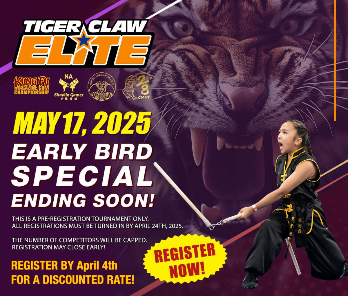 KFM_KFTC's tweet image. The 2025 Tiger Claw Elite Championships will be held on May 17 at the South Hall of the San Jose McEnery Convention Center in San Jose, California. 
The second pre-registration deadline is April 4th. Register now and save!
tigerclawelite.com/tiger-claw-eli… #tcec #tigerclawelite
