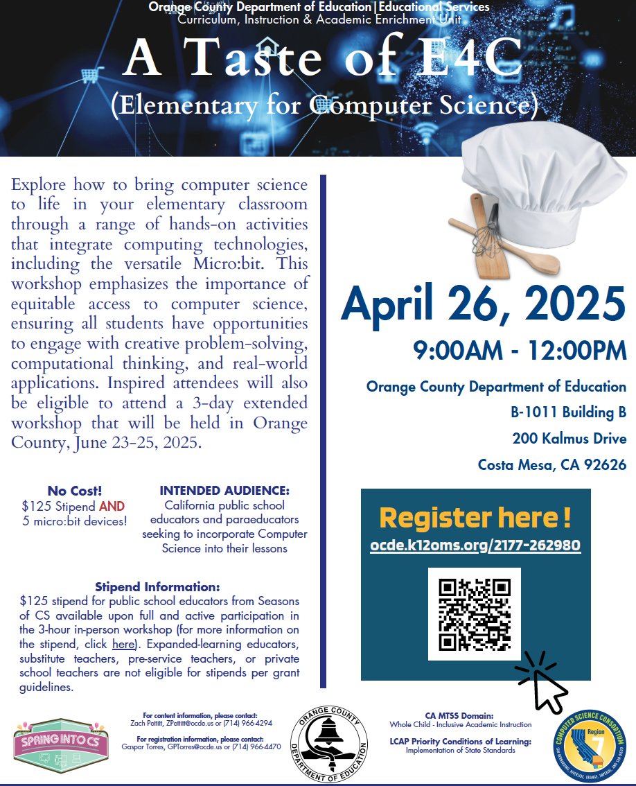 CSinSD (@marklantsberger) on Twitter photo 🎉YOU’RE INVITED 🎉
#CaliforniaEducators, join <a href="/OCDeptofEd/">OCDE</a> for #SpringIntoCS 2025.
Bring a team and expand the vision for #STEM education in your class and beyond
Space is limited, so register TODAY(in graphic)
@teachercoats <a href="/Borrego_usd/">Borrego Springs Unified School District</a> <a href="/CoronadoUnified/">Coronado Unified</a> <a href="/SanMarcosUSD/">San Marcos USD</a> <a href="/VUSDHR/">Vista Unified SD</a> 🎉YOU’RE INVITED 🎉
#CaliforniaEducators, join <a href="/OCDeptofEd/">OCDE</a> for #SpringIntoCS 2025.
Bring a team and expand the vision for #STEM education in your class and beyond
Space is limited, so register TODAY(in graphic)
@teachercoats <a href="/Borrego_usd/">Borrego Springs Unified School District</a> <a href="/CoronadoUnified/">Coronado Unified</a> <a href="/SanMarcosUSD/">San Marcos USD</a> <a href="/VUSDHR/">Vista Unified SD</a>