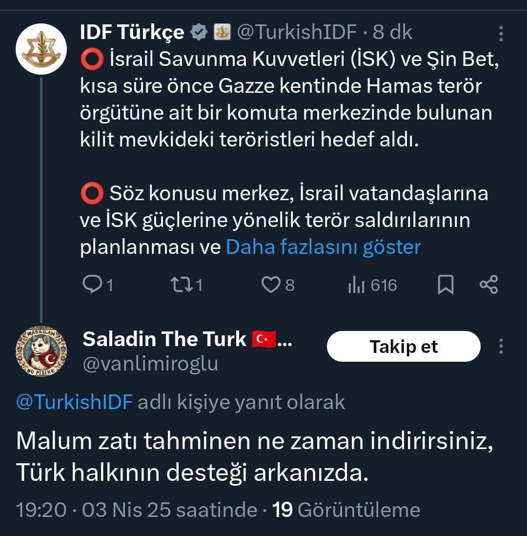 İsrail’den Cumhurbaşkanı Erdoğan’ı öldürmesini isteyeceksiniz ve sonra size acımamızı mı bekleyeceksiniz?

Size merhamet eden sizin gibi olsun!

‘O gün’ geldiğinde görüşürüz…

ŞİMDİLİK: DEVLET GÖREVE!
<a href="/EmniyetGM/">Türk Polis Teşkilatı</a> <a href="/adalet_bakanlik/">T.C. Adalet Bakanlığı</a>