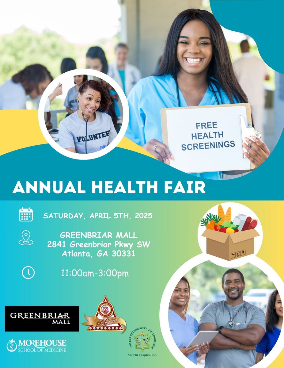Join us at Annual Health Fair this Saturday, April 5, 2025 from 11:00am to 3:00pm at Greenbriar Mall, 2841 Greenbriar Pkwy SW, Atlanta, GA 30331.

The health fair will provide free health screenings for diabetes, high blood pressure and more. 

#AACDST
#DST1913