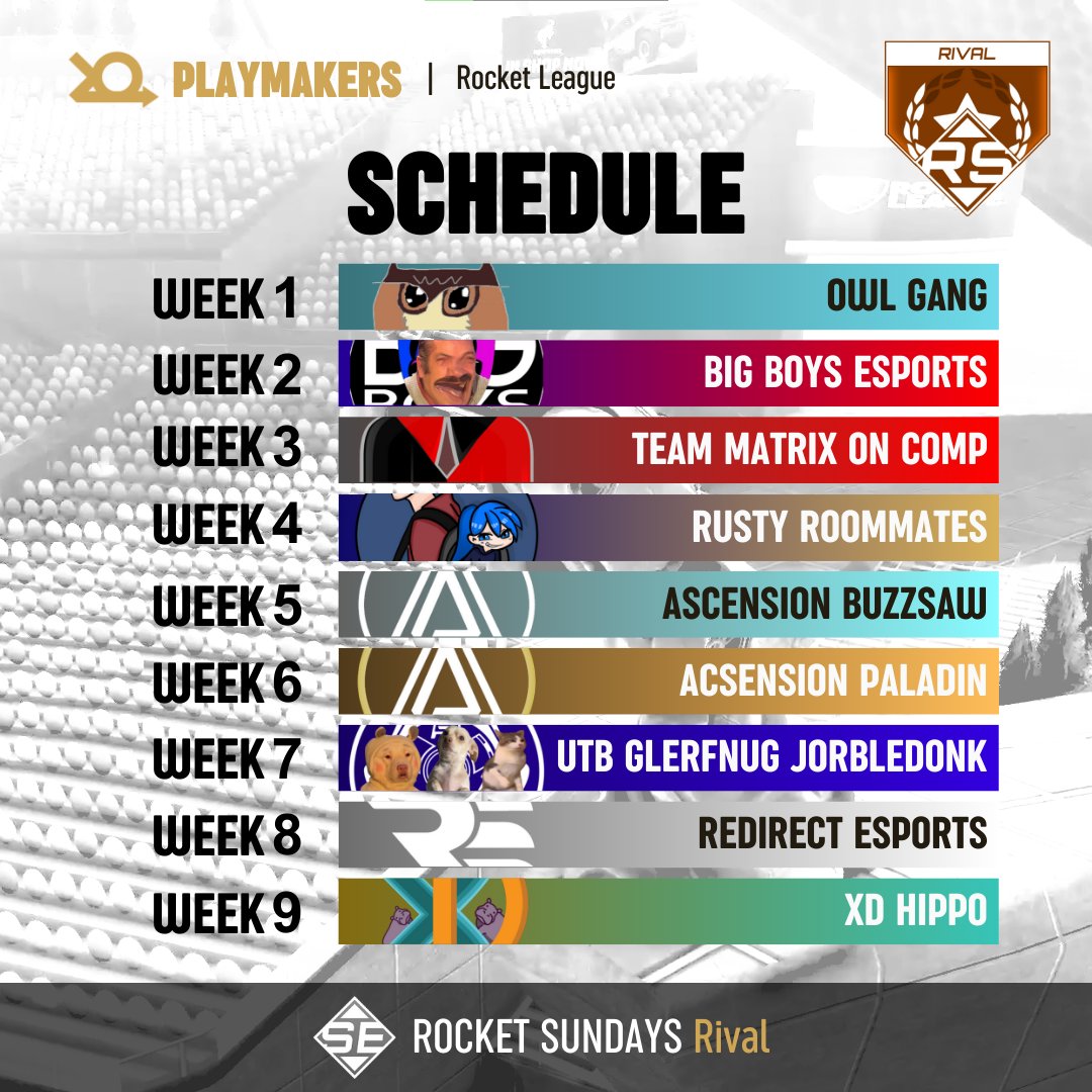 Playmakers_rl's tweet photo. Hier is onze WEDSTRIJD SCHEMA voor de komende 9 WEKEN!!

#esports #gaming #rl #rocketleague #rlcs #sundaysesports #tournament #competitive #live #twitch #rsduos #rss3 https://t.co/tjlvTl18sx
