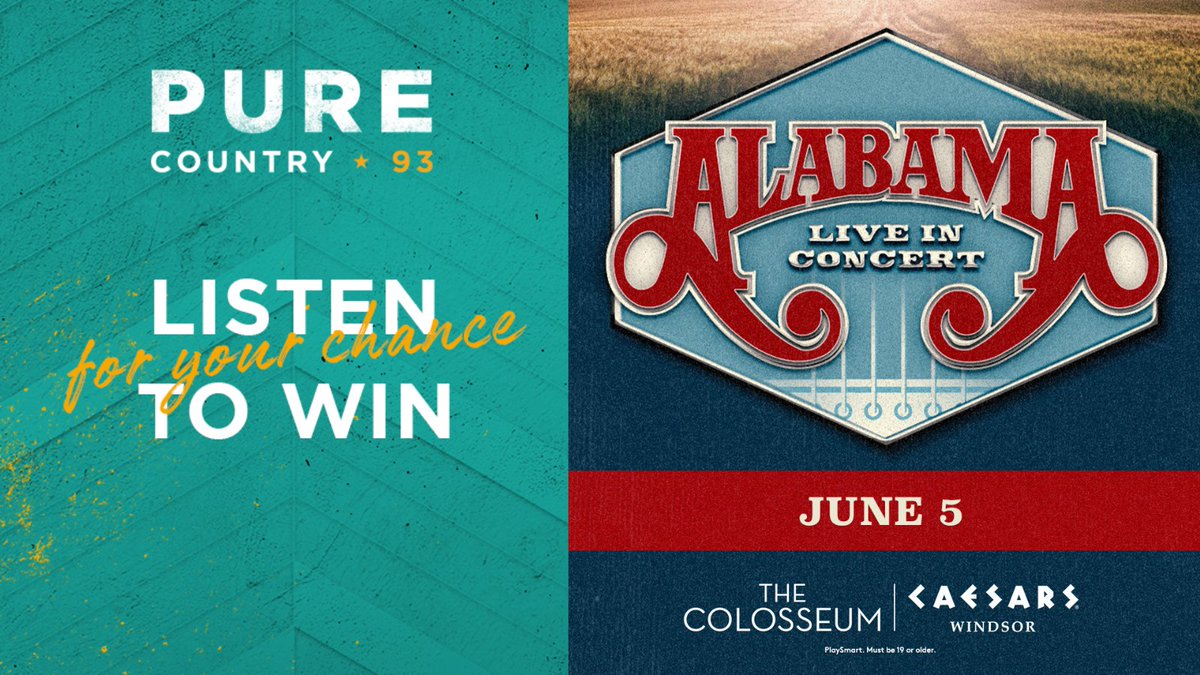 PureCountry93's tweet photo. The most-awarded Country band of ALL-TIME… is coming to Windsor! 🤠🎻🎶

@TheAlabamaBand is making a stop at @caesarswindsor on June 5th! 🙌😱

Be listening every afternoon this week with @Hey__Weaver for your chance to win your way in! More details at https://t.co/zCfp2FKsG3! https://t.co/c2j6pBCcol