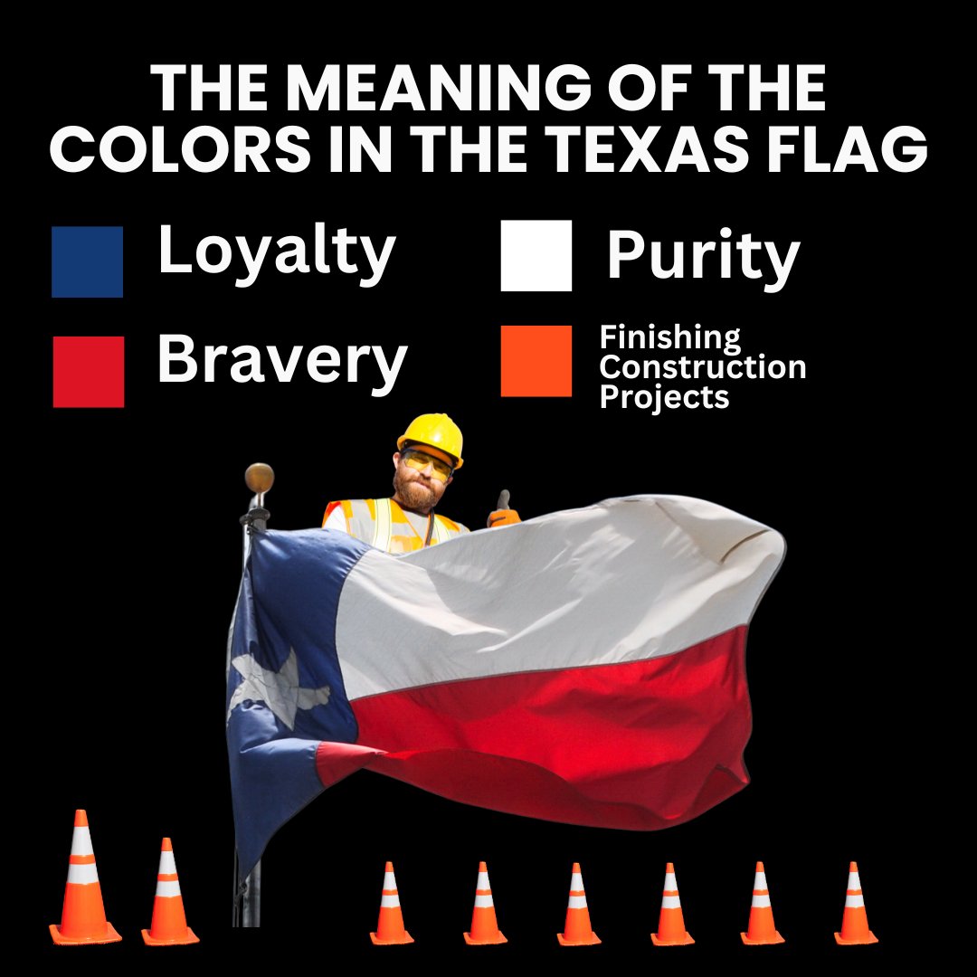 TexasSpaces's tweet photo. The colors of the Texas flag stand for loyalty, purity, bravery… and a never-ending commitment to orange barrels and unfinished roads. 😅 Welcome to the ultimate construction zone, y’all!
#Texas #TX #LoneStarState #TexasHumor #ConstructionNation #TexasFlag #TrafficConesEverywhere #TXDOTChronicles #TexanLife #OnlyInTexas
