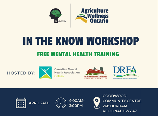 DAAC &amp; the DRFA are hosting “In the Know” mental health training on April 24, from 9-2, at the Goodwood Community Centre. In the Know is a mental health literacy program designed for farmers, their families, and Ag workers.
Please RSVP here by April 18: forms.office.com/Pages/Response…