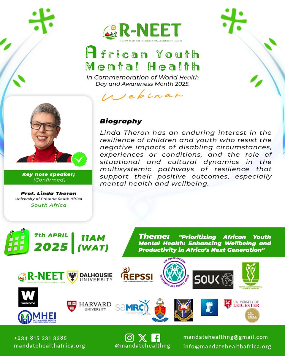 Hi there, 
#MHEI invite, #RNEET Youth meeting.  Apr 7, 2025 11:00 AM WAT <a href="/TheronLinda/">Linda T</a> <a href="/_AfricanUnion/">African Union</a> <a href="/TheSADAG/">SADAG</a> <a href="/RepssiSA/">REPSSI South Africa</a>
Register for this meeting:
us06web.zoom.us/meeting/regist… 

After registering, you will receive a confirmation email containing information about joining the meeting