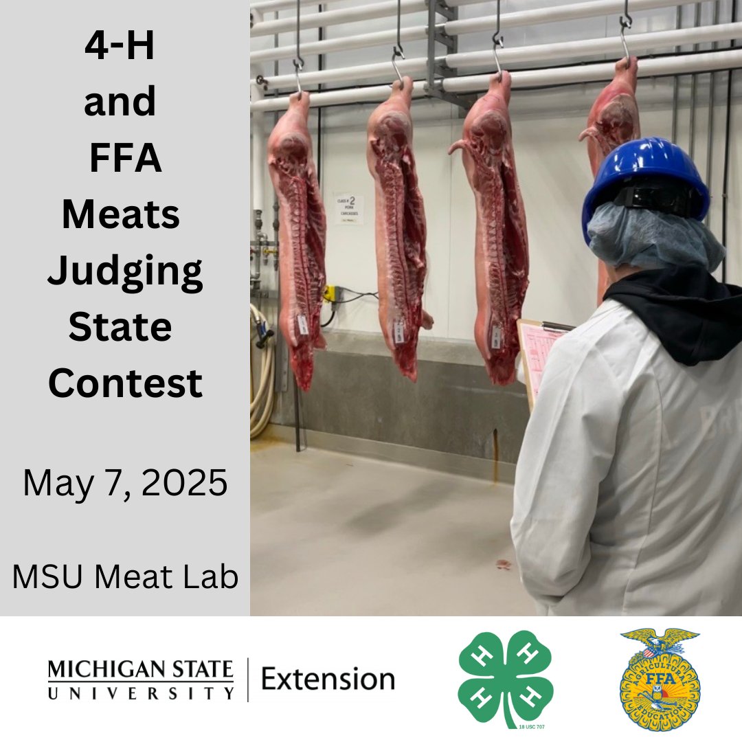 Michigan4H's tweet image. Registration is open for this year’s 4-H &amp;amp; FFA Meats Judging State Contest! The contest will take place on May 7th at the MSU Meat Lab. Youth who participate in 4-H &amp;amp; FFA can compete in both divisions. Find more here: canr.msu.edu/events/4-h-and…
Registration will close April 25.
