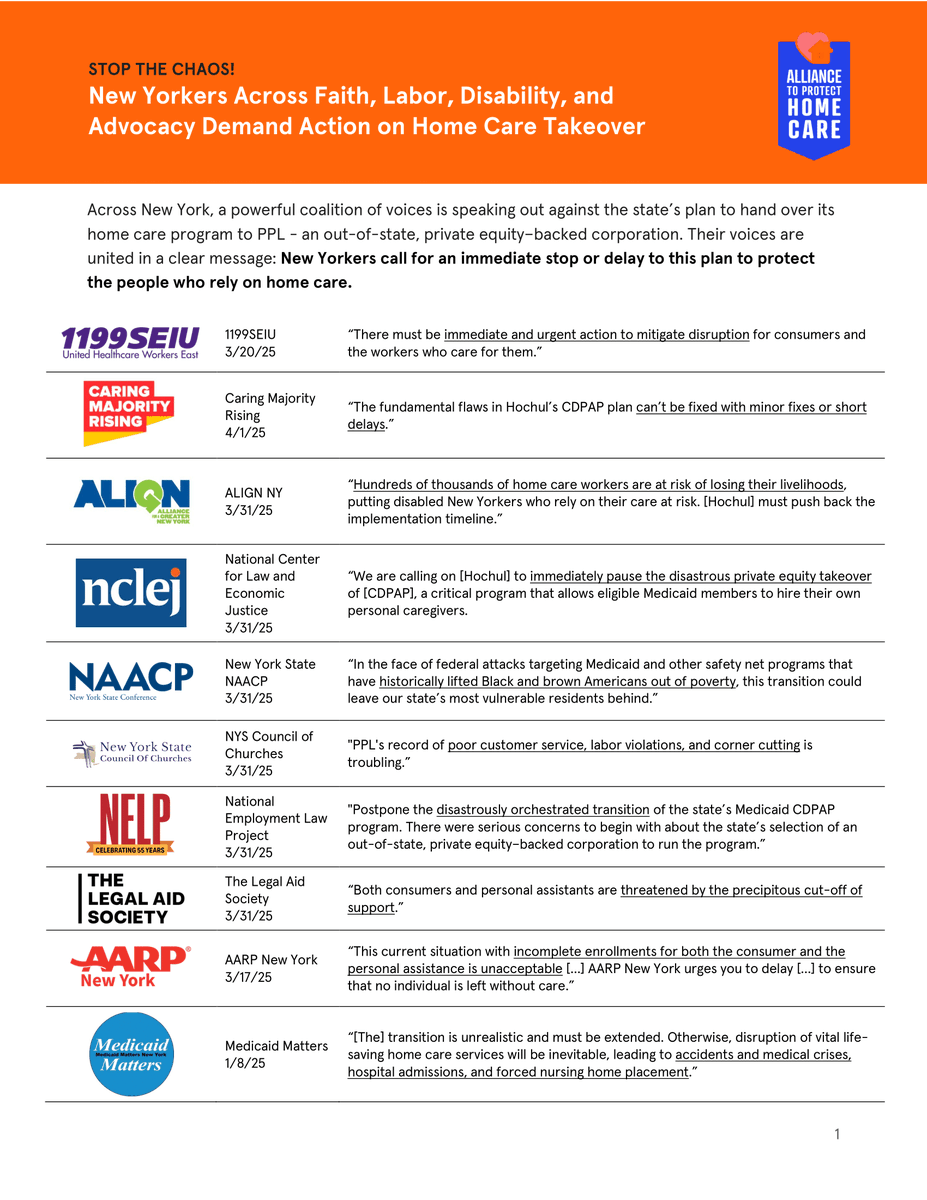 ProtectHomeCare's tweet image. A powerful coalition of voices is speaking out against the transition to PPL. NYers are calling for an immediate stop or delay to #ProtectHomeCare.
@1199SEIU @CaringMRising @ALIGNny @NCLEJustice @NAACP @NYSCofChurches @NelpNews @LegalAidNYC @MedicaidMtrsNY @AARPNY