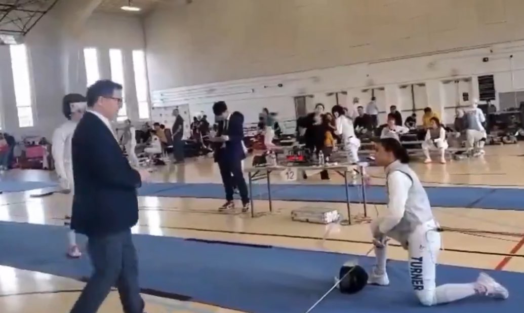 "I took a knee immediately at that point. Redmond was under the impression that I was going to start fencing. So when I took the knee, I looked at the ref and I said, ‘I’m sorry, I cannot do this. I am a woman, and this is a man, and this is a women's tournament. And I will not