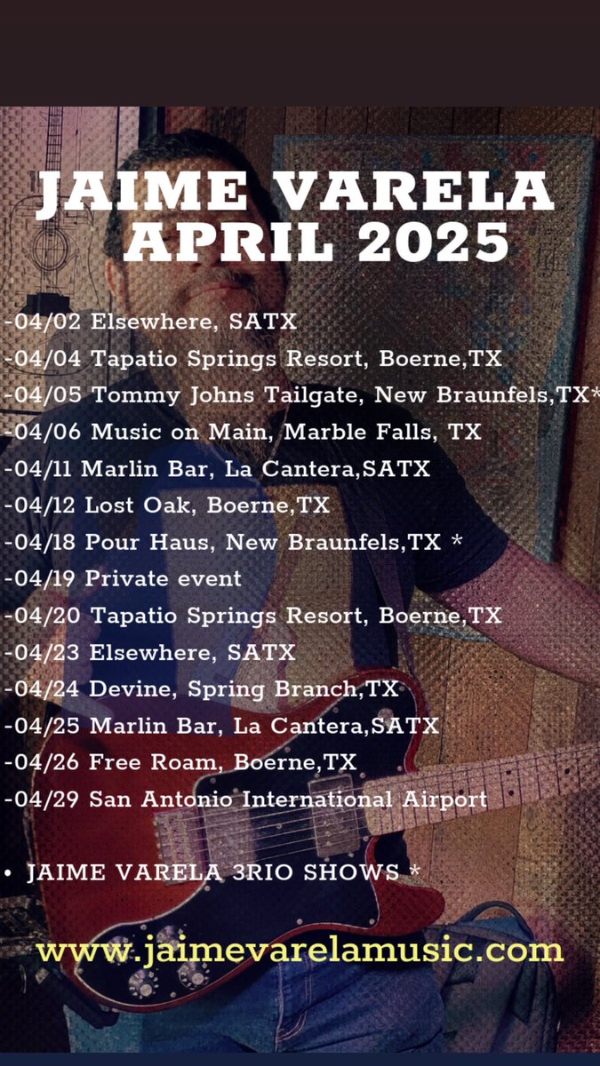April tour dates/venues here,
For times and more, please visit:
jaimevarelamusic.com

See y’all down the road, amig@s!!