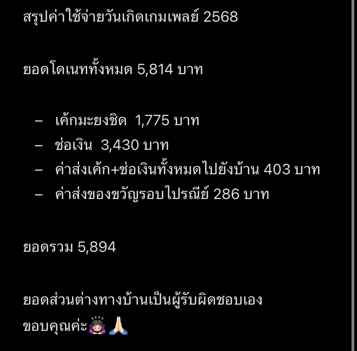 อัพเดทค่าใช้จ่ายทั้งหมด ขออภัยที่ล่าช้านะคะ🙇🏻‍♀️

ขอบคุณทุกคนที่รักและซัพพอร์ตเกมเพลย์กันนะคะ🫶🏻

Thank you for your love and support Gameplay🫶🏻