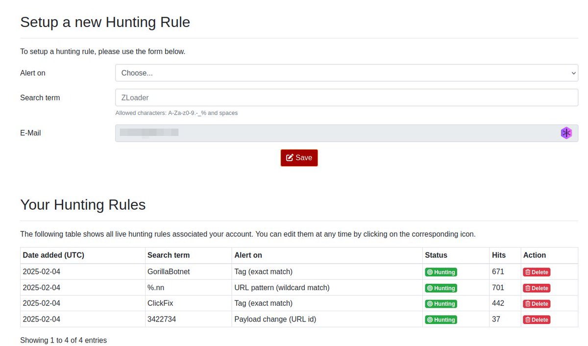 Have you set up a hunting alert on URLhaus yet? With this new feature, you can get real-time notifications of key events, including:

✅ URL pattern (exact or wildcard match)
✅ Tag match (exact)
✅ Payload of a URL changes (URL ID)
✅ Signature for payload matches (exact)