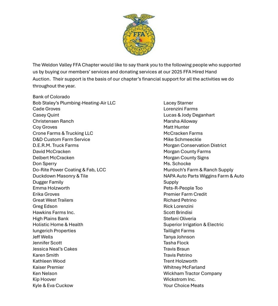 WV FFA Chapter would like to say a BIG Thank you to all the supporters who attended our FFA Hired Hand Event! We appreciate all the support and time that was donated to make it a successful night!
