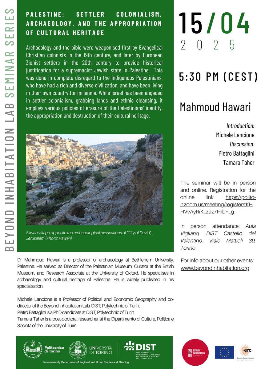 michele lancione (@michelelancione) on Twitter photo On 15th April, 5:30pm CEST <a href="/InhabitationLab/">Beyond Inhabitation</a> welcomes the distinguished Palestinian scholar Dr Mahmoud Hawari <a href="/mhawari81/">Mahmoud Hawari</a>
The talk is titled "Palestine: Settler Colonialism, Archeology, and the Appropriation of Cultural Heritage"
To attend online 👉 polito-it.zoom.us/meeting/regist… On 15th April, 5:30pm CEST <a href="/InhabitationLab/">Beyond Inhabitation</a> welcomes the distinguished Palestinian scholar Dr Mahmoud Hawari <a href="/mhawari81/">Mahmoud Hawari</a>
The talk is titled "Palestine: Settler Colonialism, Archeology, and the Appropriation of Cultural Heritage"
To attend online 👉 polito-it.zoom.us/meeting/regist…
