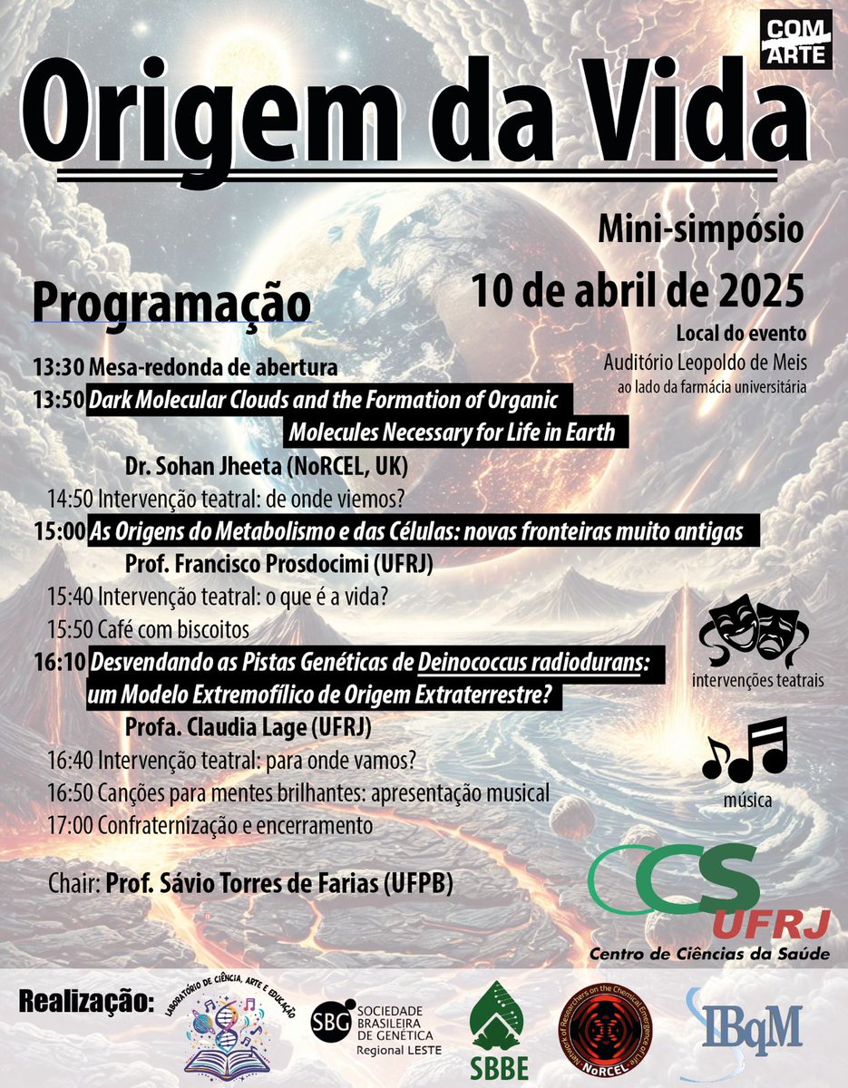 sbbe_oficial's tweet photo. 🔬🌍 Mini-simpósio "Origem da Vida"! 🌍🔬
📅 10/04/2025 | 📍UFRJ
Discussões sobre a origem da vida com palestras, teatro e música!
☕ Café + bate-papo científico!
🔗 Saiba mais no post abaixo!
#origemdavida #SBBE #ciência #biologiaevolutiva https://t.co/Sp0izV0GH1