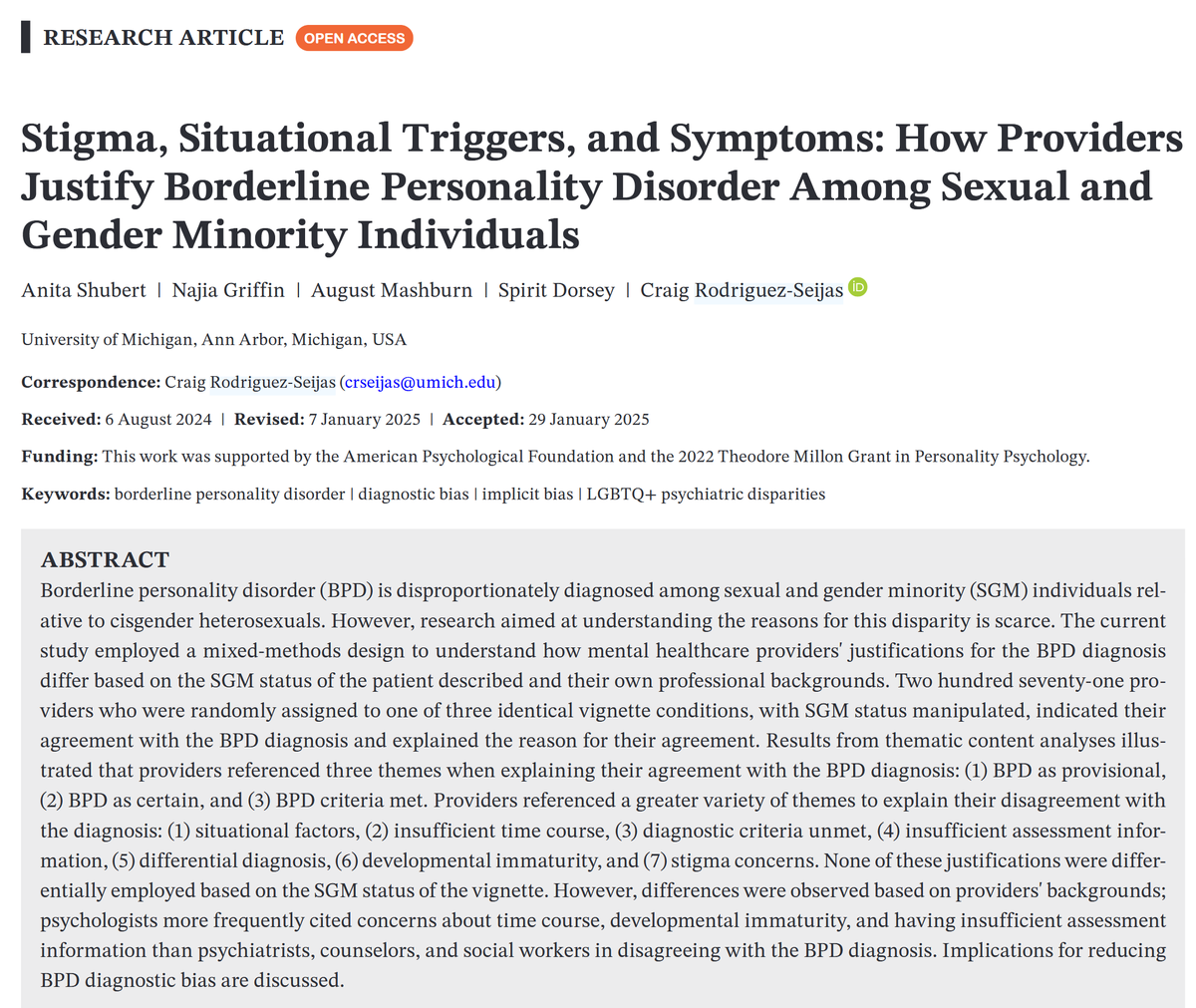 🚨New Paper Alert🚨  

We did a qual. study to understand how providers justified agreement/disagreement w the Borderline PD diagnosis.   

TLDR: No differences based on SGM status of the vignette. BUT differences found were based on professional status. 

Doi: 10.1002/pmh.70012