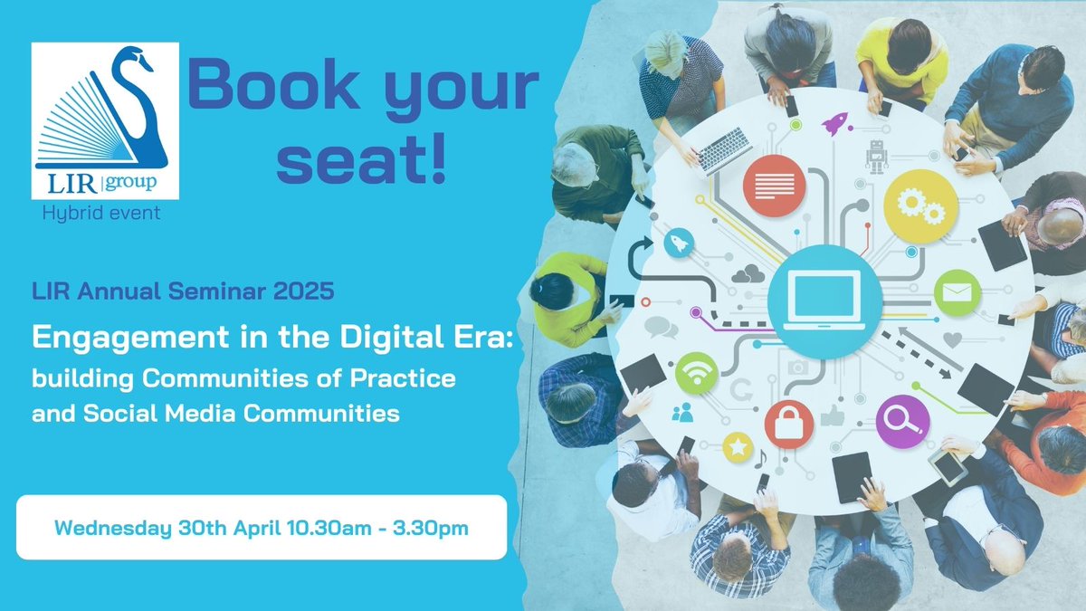 We are delighted to invite you to the LIR Annual Seminar, “Engagement in the Digital Era: Building Communities of Practice and Social Media Communities” on Wednesday, April 30, from 10:30-3.30.  Reserve a seat online or in person: lirgroup.heanet.ie/index.php/lir-… #LIRseminar2025