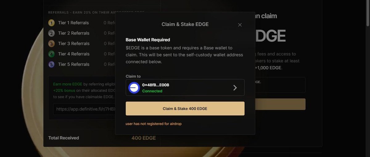 IGubeeee's tweet image. If you are also a user of ODOS, Hyperliquid, Jupier you can claim the Definitive $EDGE airdrop.

claim.definitlve.fi

My question to people out there who has done thıs 1000$ volume. What is your Tier? Is it worth doing it?