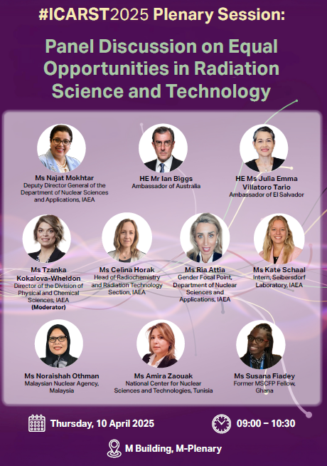 IAEANA's tweet image. Join us at #ICARST2025 for a panel discussion on Equal Opportunities in Radiation Science &amp;amp; Technology! 🗓️ 10 April, 9:00 AM CET. 

Hear from experts &amp;amp; leaders on advancing #GenderEquality in the field. 🌍⚛️ #WiRST #NuclearForAll
🔗atoms.iaea.org/ICARST2025