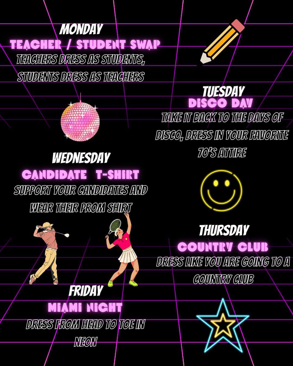 Prom is just around the corner! That must mean Prom Spirit Week is coming!

Here are the themes for each day starting Monday, April 7. We can't wait to see everyone dressed up all week but remember to stay in dress code!