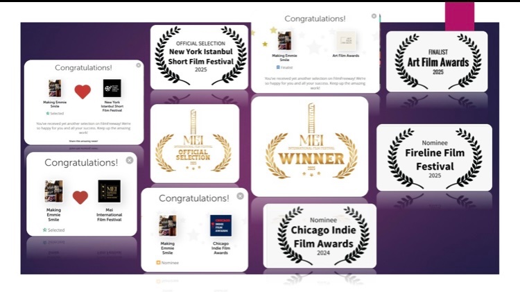 Ellen Weisberg (@siggieulfdots) on Twitter photo Amazing news! "Making Emmie Smile" was just selected by <a href="/Meifilmfestival/">Mei International Film Festival</a> via FilmFreeway.com! -
Award Winner!
Also! New York Istanbul Short Film Festival (selected)!
Chicago Indie Film Awards and Fireline Film Festival (nominee)!
Art Film Awards (finalist)! Amazing news! "Making Emmie Smile" was just selected by <a href="/Meifilmfestival/">Mei International Film Festival</a> via FilmFreeway.com! -
Award Winner!
Also! New York Istanbul Short Film Festival (selected)!
Chicago Indie Film Awards and Fireline Film Festival (nominee)!
Art Film Awards (finalist)!