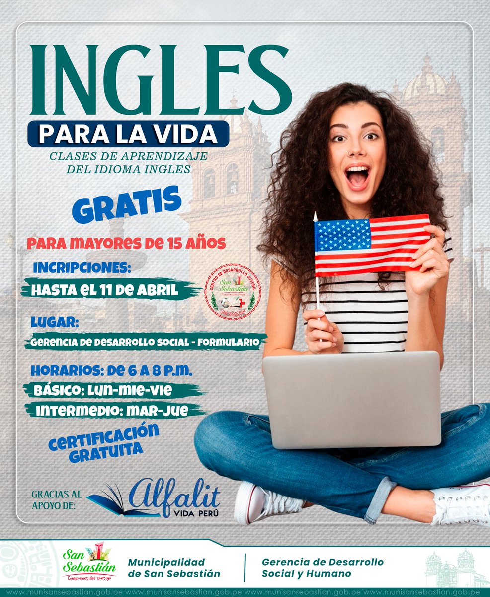 MunSanSebastian's tweet photo. 📷📷 ¡Aprende inglés GRATIS con la Municipalidad de San Sebastián.
📷 Inscripciones hasta el 11 de abril en la Gerencia de Desarrollo Social y Humano o a través del siguiente link: https://t.co/AOGL4eZ5kS
📷 ¡Cupos limitados! No dejes pasar esta gran oportunidad. https://t.co/YZZLySIAmV