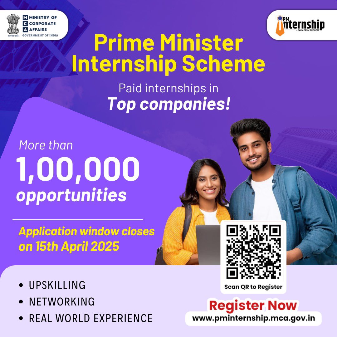 MCA21India's tweet photo. Applications closing on April 15, 2025!

The #PrimeMinisterInternshipScheme is your chance to secure a paid internship in top companies! 

Register and Apply now: https://t.co/bP51DmVyxg

Scan the QR code & apply today!

Call us at 1800-11-6090 for more details.

#PMIS #YourTurnToIntern #ApplyNow #ViksitBharat2047