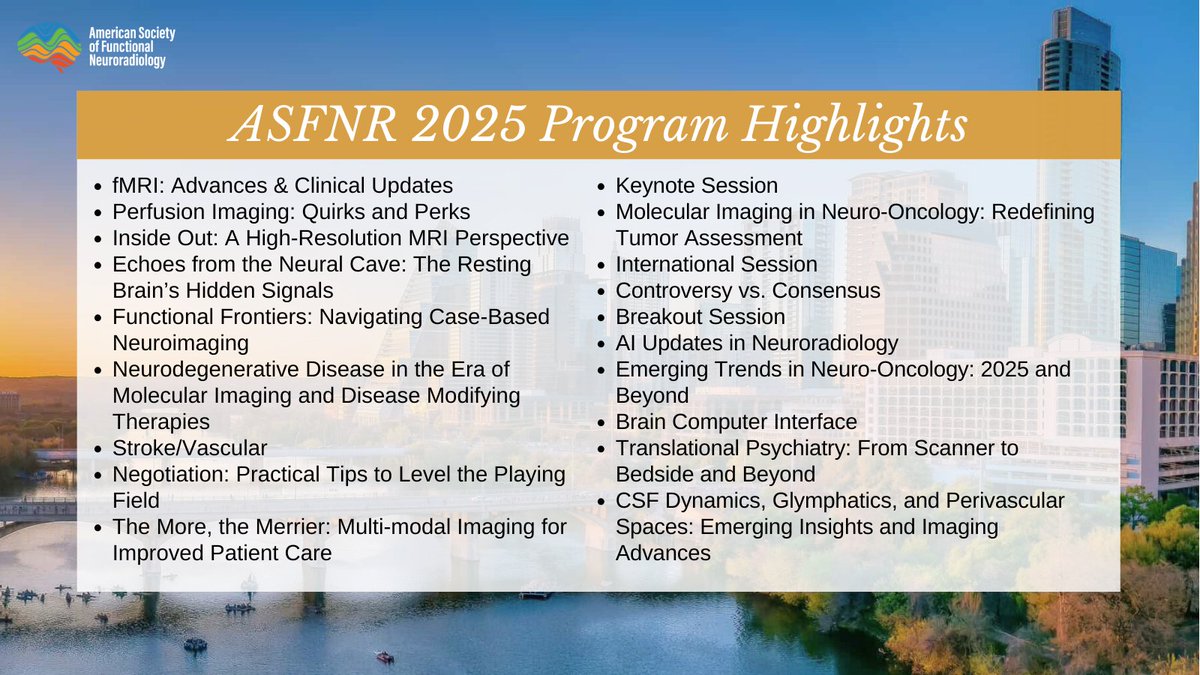 Sneak peek at the #NeuroRad topics we'll be covering at #ASFNR2025 🧐 So many great sessions lined up, from #fMRI advances &amp; #perfusion imaging perks to our controversy vs. consensus debates!

View the full program: asfnr.org/asfnr-2025-pro…
