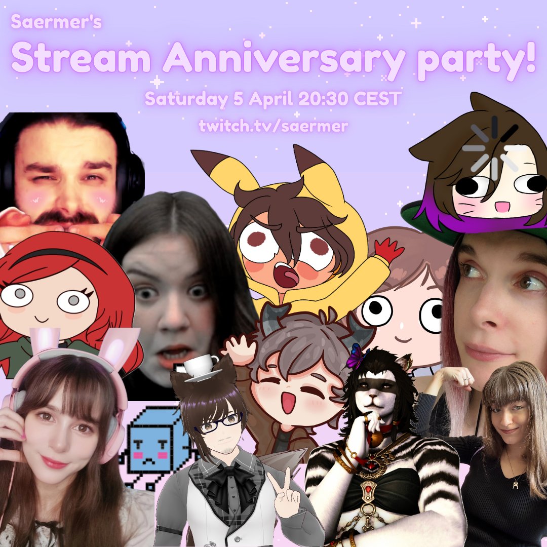 saermer's tweet photo. Super excited to announce the Super-Extra Collab Stream Anniversary Party! This Saturday from 20:30 CEST/14:30 EDT 💜 Delighted to celebrate my stream anniversary with these amazing streamers! See you then! 🥳 https://t.co/poOMwvSQFx