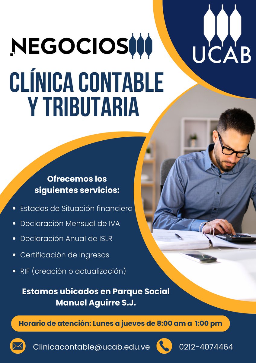 Nuestra Clínica Contable y Tributaria ofrece los siguientes servicios:  📊 Declaración Mensual de IVA 📷 Estados de situación Financiera 📷 Certificación de Ingresos 📷 RIF (creación o actualización)  ¡Simplifica tus procesos con nosotros!   #UCAB 📑