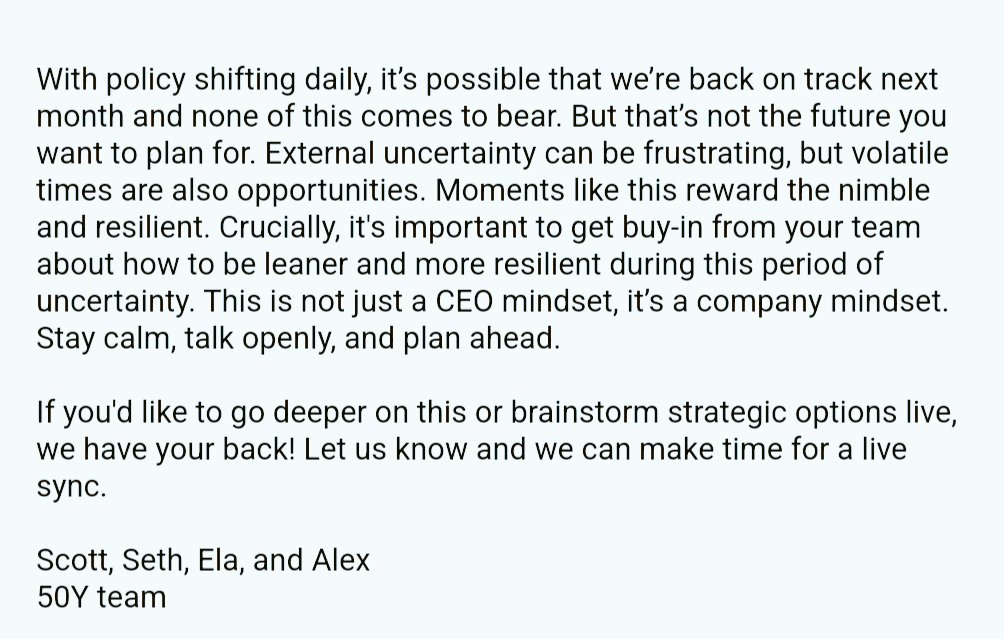 We sent all Fifty Years portfolio founders this email 2 weeks ago. Subject "Farewell, stability".