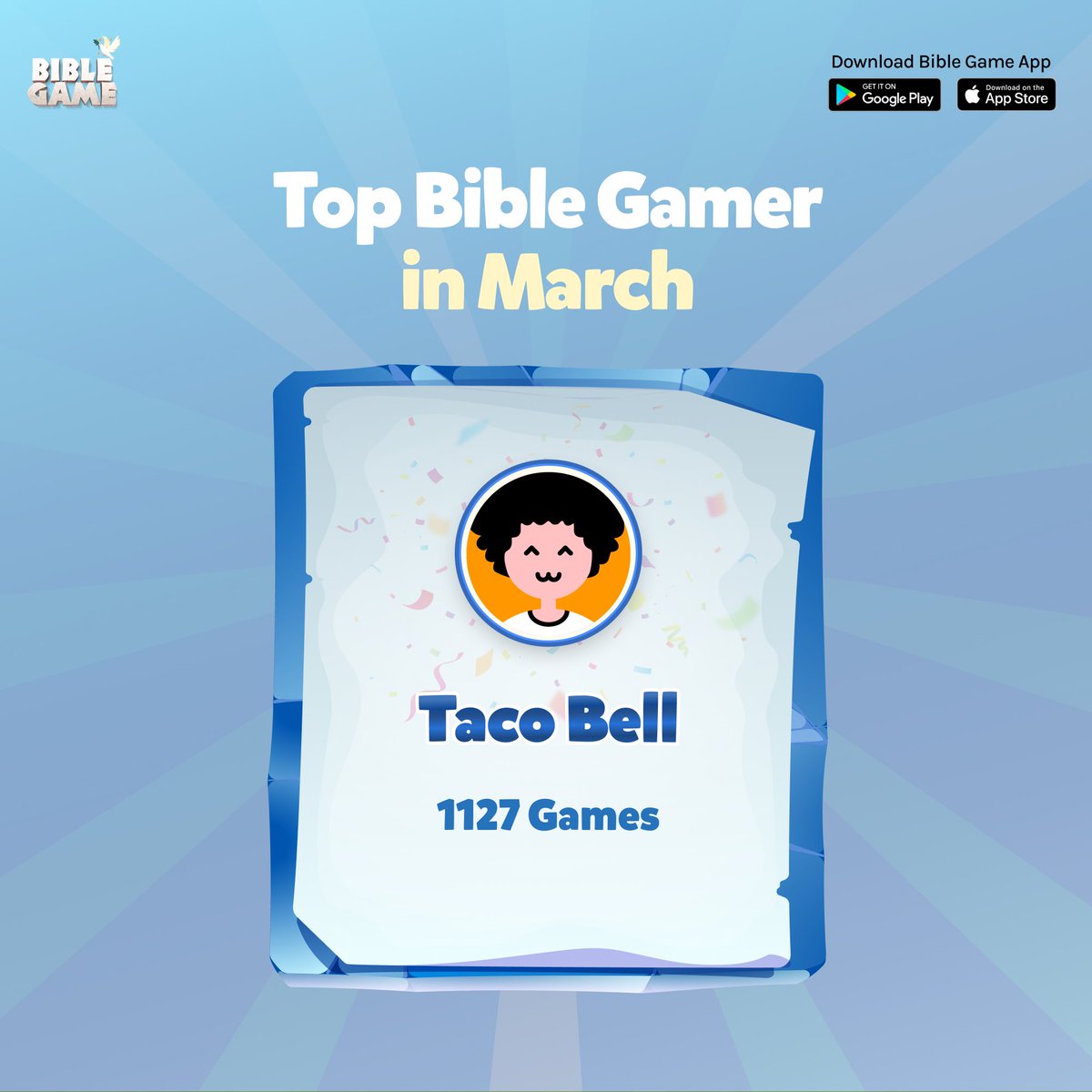 OurBibleGame's tweet image. 🎉👏 WOW! Huge Congrats to Taco Bell!
You’ve absolutely crushed it with 1,127 games in the Bible Game in the month of March! That’s some next-level dedication, truly inspiring!
Think you’ve got what it takes to claim the top spot next month? Game on!
#BibleGame #MarchChampion