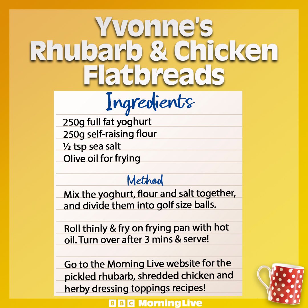 BBC Morning Live (@bbcmorninglive) on Twitter photo Whatever you do today, try <a href="/YvonneCobbYumma/">Yvonne Y Cobb</a> pickled rhubarb and shredded chicken with a herby dressing!
Head to the Morning Live website to find out how to make the toppings!
#Flatbreads #Recipe Whatever you do today, try <a href="/YvonneCobbYumma/">Yvonne Y Cobb</a> pickled rhubarb and shredded chicken with a herby dressing!
Head to the Morning Live website to find out how to make the toppings!
#Flatbreads #Recipe