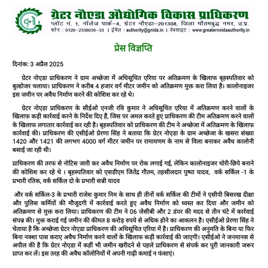 OfficialGNIDA's tweet photo. सीईओ एनजी रवि कुमार ने अतिक्रमण करने वालों के खिलाफ कड़ी कार्रवाई करने के निर्देश दिए हैं। इस क्रम में आज, 3-4-25 को #GNIDA ने परिक्षेत्र के ग्राम अच्छेजा में लगभग 4000 वर्ग मीटर में अवैध निर्माण का ध्वस्तीकरण कर अतिक्रमण मुक्त किया। इसकी अनुमानित कीमत लगभग ₹8 करोड़ आंकी गई है। https://t.co/aFPLozjDLm