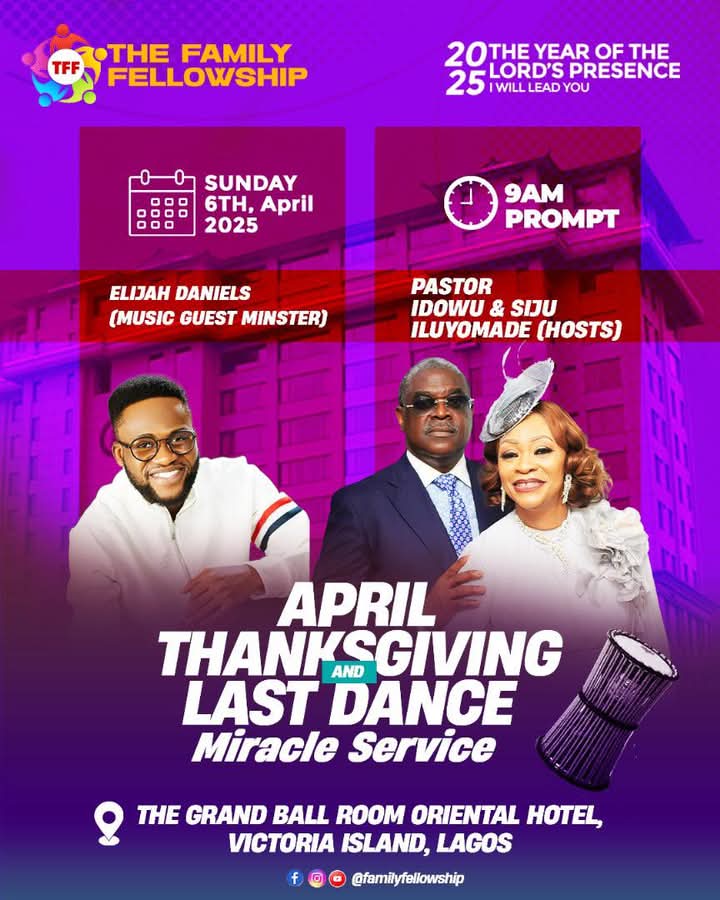 PastorID's tweet photo. Come ready to praise, dance, and receive God’s blessings as we honor His faithfulness.

📅 Sunday, April 6, 2025
⏰ 9 AM Prompt
📍The Grand Ballroom, Oriental Hotel, Victoria Island, Lagos

With special music ministration by Elijah Daniels and hosted by #PastorID &amp; @SijuIluyomade https://t.co/qVJIAIeM9U