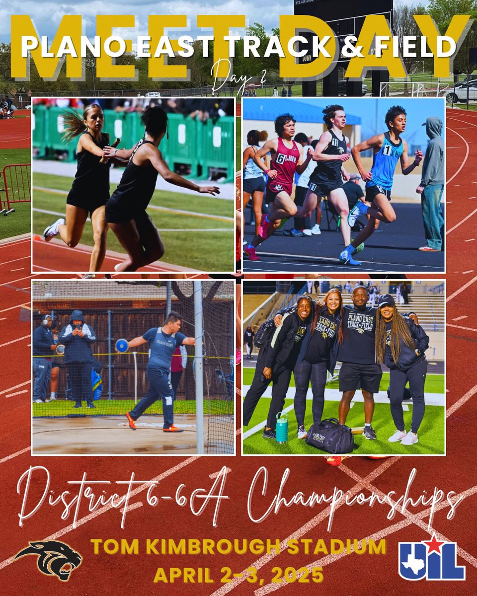 Plano East Cross Country / Track & Field (@planoeastxctf) on Twitter photo 💥IT’S DISTRICT MEET DAY✌️💥
You don’t want to miss today UIL District 6-6A Championships here at Kimbrough💨
Let’s do this Panthers‼️🐾📣🍀
Live Results: milesplit.live/meets/636031
<a href="/EastPanthers1/">Plano East Senior High School Panthers</a> <a href="/PESH_Athletics/">Plano East Panthers</a> <a href="/CoachReedXCTF/">Robert Reed</a> 💥IT’S DISTRICT MEET DAY✌️💥
You don’t want to miss today UIL District 6-6A Championships here at Kimbrough💨
Let’s do this Panthers‼️🐾📣🍀
Live Results: milesplit.live/meets/636031
<a href="/EastPanthers1/">Plano East Senior High School Panthers</a> <a href="/PESH_Athletics/">Plano East Panthers</a> <a href="/CoachReedXCTF/">Robert Reed</a>