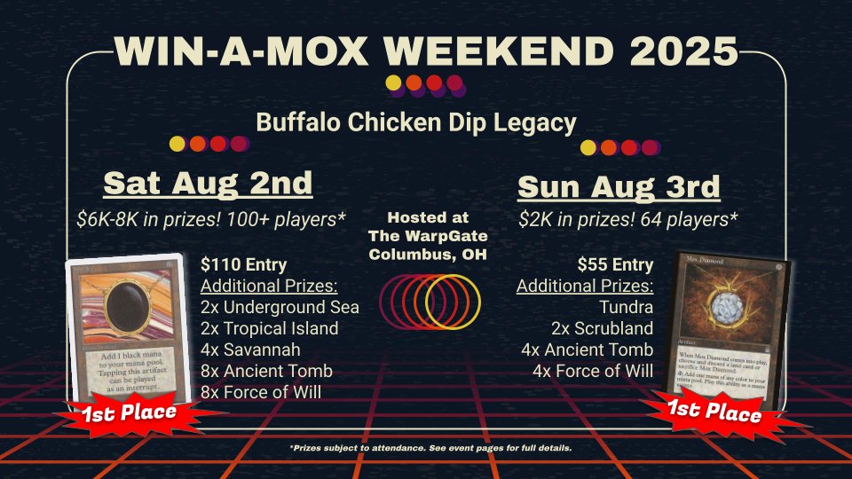 Announcing the BCDL Legacy Open 4 for a Mox Jet and BCDL Win-A-Mox for a Mox Diamond events happening Sat Aug 2nd &amp;  Sun3rd in Columbus OH at The Warp Gate!

Details here drive.google.com/file/d/1tjNpjg…
Event Sign Ups
BCDL LO4 - spicerack.gg/events/1882154
BCDL WAM - spicerack.gg/events/1882483
