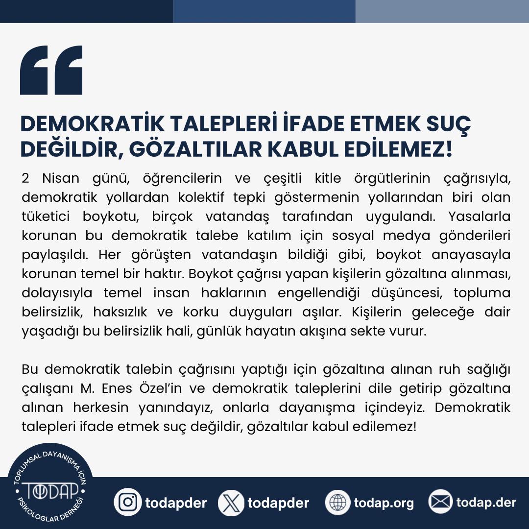 Gözaltına alınan ruh sağlığı çalışanı M. Enes Özel’in ve demokratik taleplerini dile getirip gözaltına alınan herkesin yanındayız, onlarla dayanışma içindeyiz. Demokratik talepleri ifade etmek suç değildir, gözaltılar kabul edilemez!