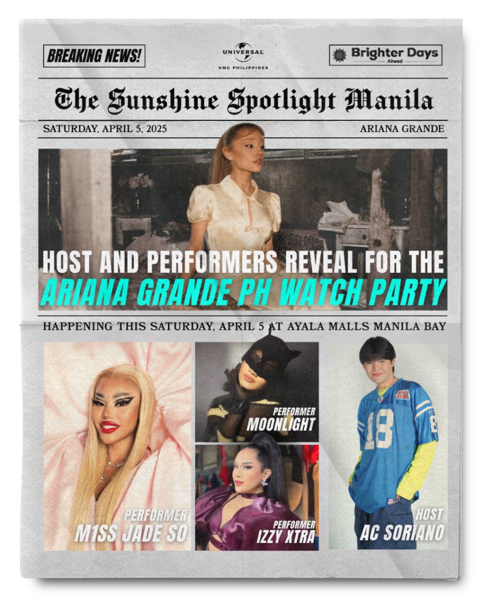 🎤Sometimes, I just can't believe... THIS IS HAPPENING!✨

🇵🇭 Arianators, here's our line-up for the 'brighter days ahead - The Official Philippine Watch Party' happening this Saturday, April 5, at <a href="/AyalaManilaBay/">Ayala Malls Manila Bay</a> !

✅ Our listening and screening sessions will be 100% fun and