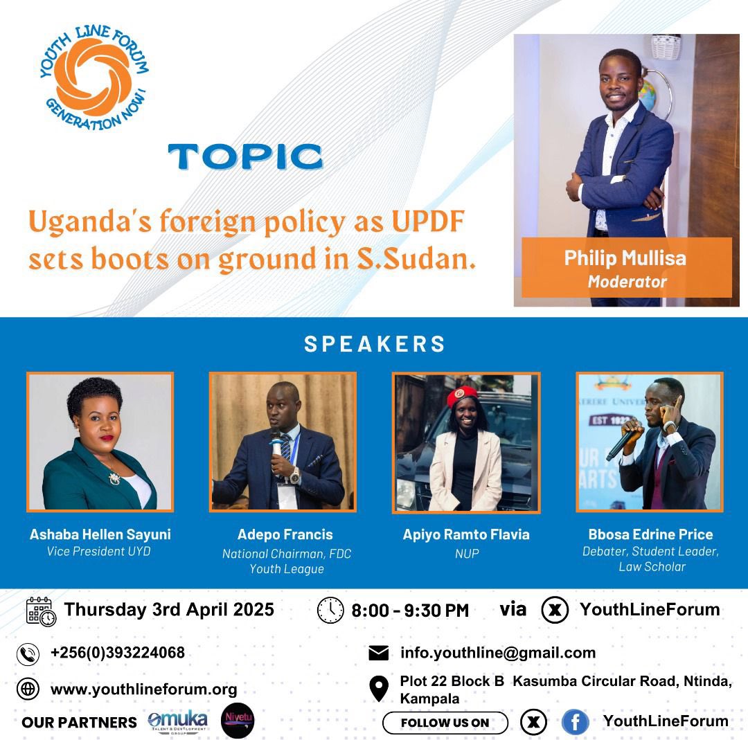 ⏰ It’s almost time😊
Join us TONIGHT for a powerful discussion on UPDF’s deployment in South Sudan. 

Let’s talk foreign policy from 8:00-9:30 PM UG time. 📍 Twitter,
See you there!

Here is the link👇👇
x.com/i/spaces/1dRKZ…