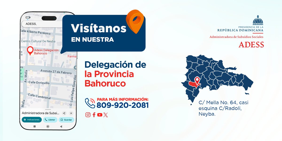 AdessRD's tweet photo. #AdessTeInforma
Cómo llegar a nuestra Delegación Provincia Bahoruco, C/ Mella No. 64, casi esquina c/Radoli, Neyba.
Para más información puedes llamarnos al 809-920-2081.
#EnAdessPensamosEnTi https://t.co/GgMuzSqOKW