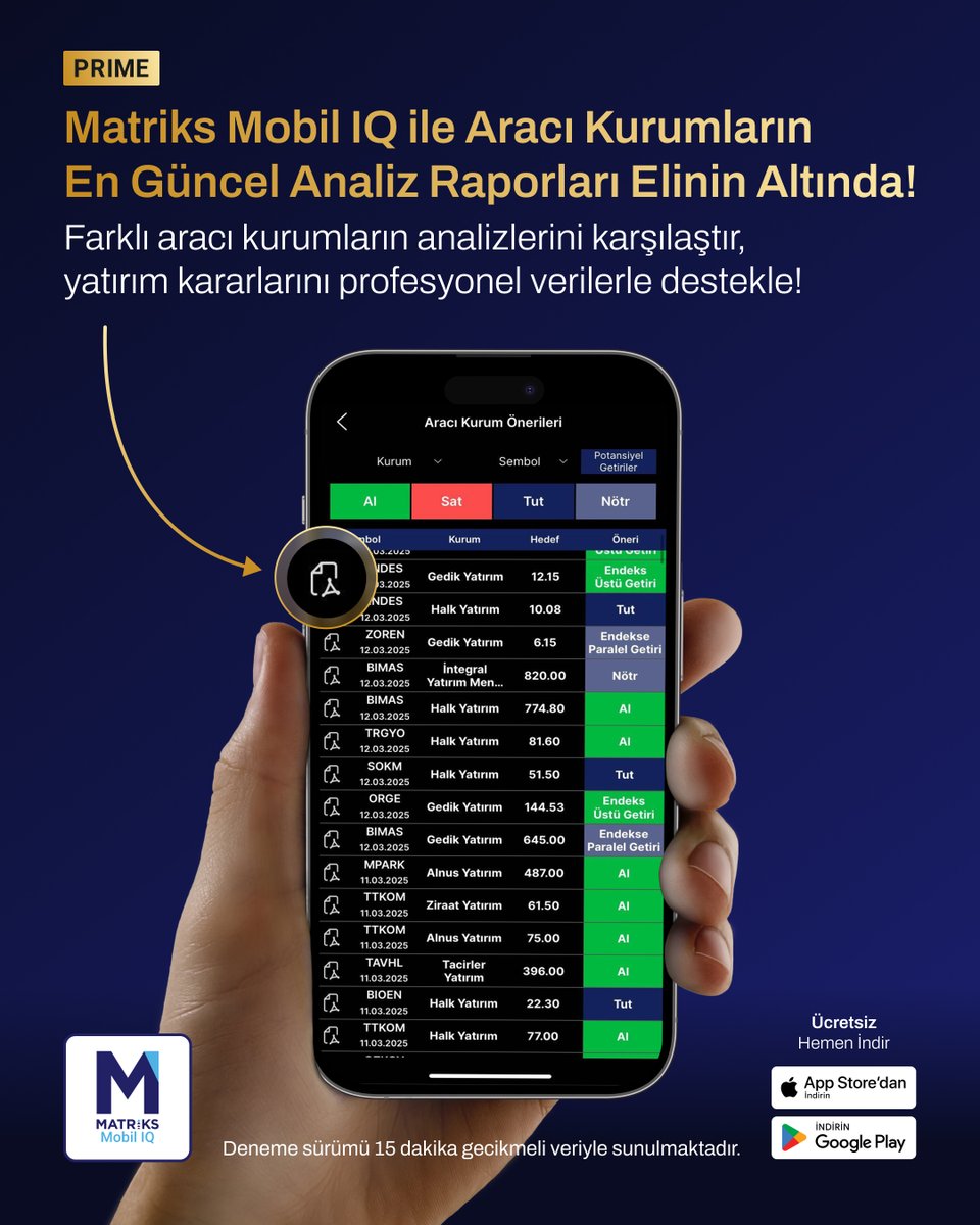 📌Yatırım kararlarını yalnızca tahminlere bırakma!
Aracı kurumların güncel hisse analizlerine, hedef fiyatlarına ve yeni eklenen detaylı analiz raporlarına tek dokunuşla ulaş, en doğru kararı ver!

📲 Matriks Mobil IQ Prime ile avantaj sende!
👉 matriksdata.com/mmiqdownload/