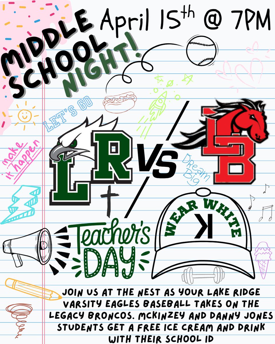LRHSCounselors (@counselorslrhs) on Twitter photo Tuesday April 15th is our Middle School and Teacher Appreciation Night!
Middle Schoolers will receive a free ice cream with their student ID. Teachers will be provided with pizza and a drink!
WEAR WHITE! See you there! <a href="/DJMS_PTA/">Danny Jones PTA</a> <a href="/CMMSGoldenLions/">McKinzey Athletics</a> <a href="/LRHSBASEBALL/">Lake Ridge Baseball</a> Tuesday April 15th is our Middle School and Teacher Appreciation Night!
Middle Schoolers will receive a free ice cream with their student ID. Teachers will be provided with pizza and a drink!
WEAR WHITE! See you there! <a href="/DJMS_PTA/">Danny Jones PTA</a> <a href="/CMMSGoldenLions/">McKinzey Athletics</a> <a href="/LRHSBASEBALL/">Lake Ridge Baseball</a>